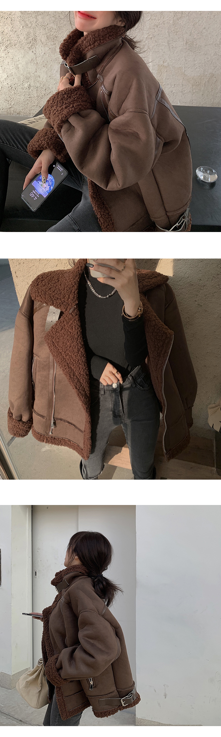 ONN/무료/ [JK216] 하이넥 버클 라이더 무스탕 늘씬함, 시크함, 데이트룩, 모임룩, 포근한 소재 ,세련된, 러블리, 베이직아이템 