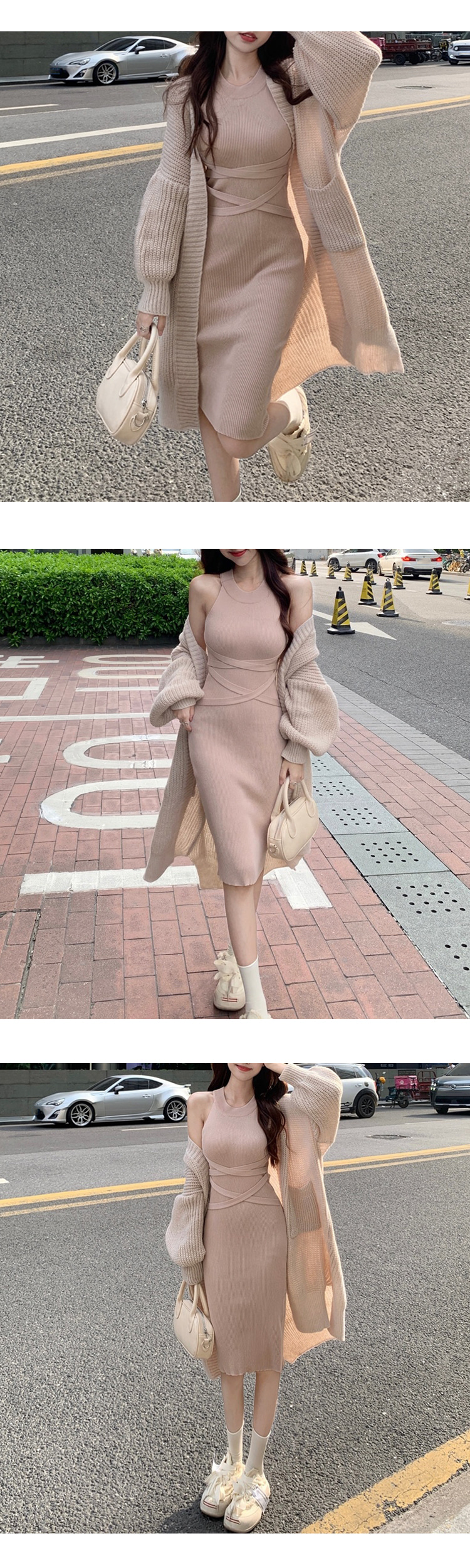 무료[ONN / [OPS1251]홀터넥 엑스 원피스 롱 가디건 세트/세련된 디자인/니트/롱가디건 /모임룩/감성핏/슬림핏