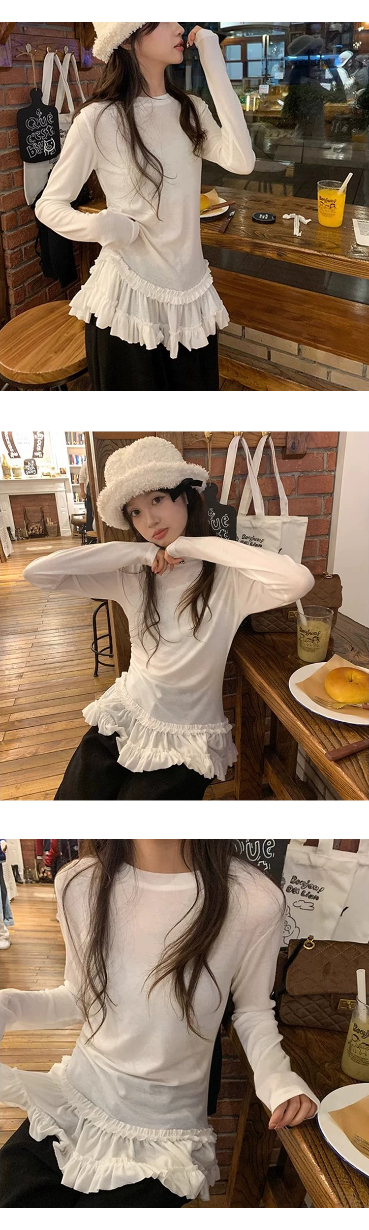 [ONN/ [T326]프릴 캉캉 티셔츠/루즈핏/군살커버/프리미엄 소재/데일리/필수템/소프트한/긴소매