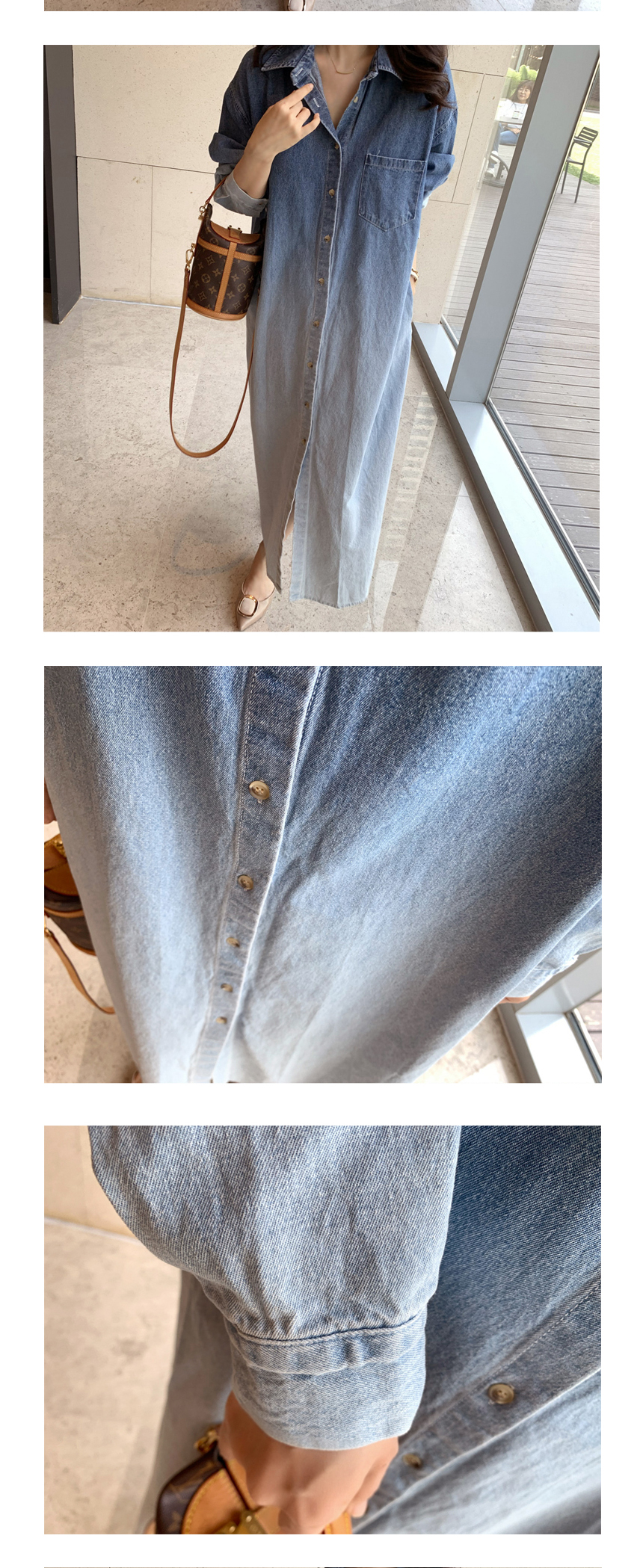 무료[제이스]P0000CUG/루즈핏 워싱 투톤 청 롱원피스/모임룩/감성핏/ 감성룩/여행룩/데일리룩/오버핏/세련된 디자인