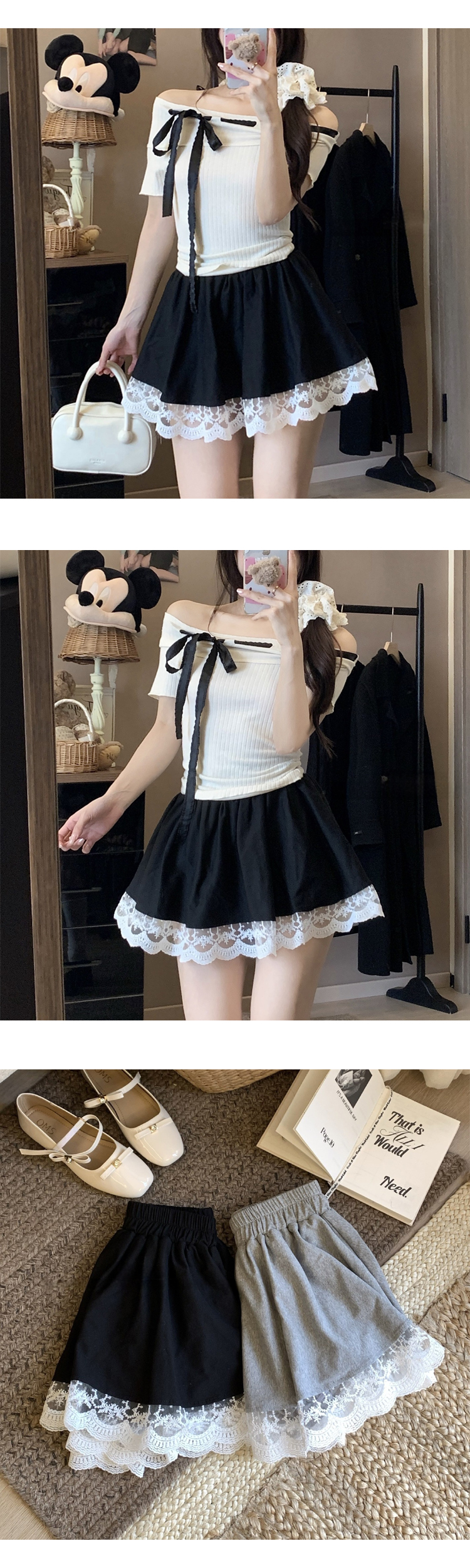 무료/ONN /[SK235]코튼 레이스 미니 스커트 허리 밴딩 플레어 스커트 레이스 레이어드 러블리 미니 치마