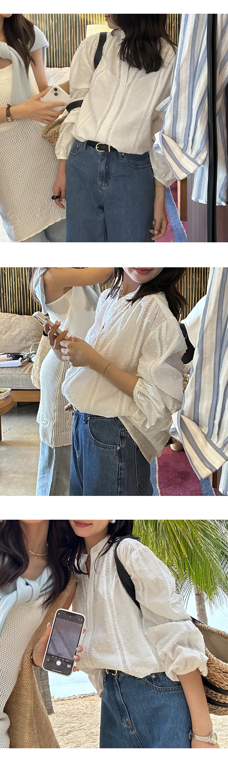 무료[ONN/[BL620]레이스 도트 블라우스 세로줄 펀칭 넥라인 블라우스 퍼프 볼륨 소매 여성스러운 루즈핏 셔츠
