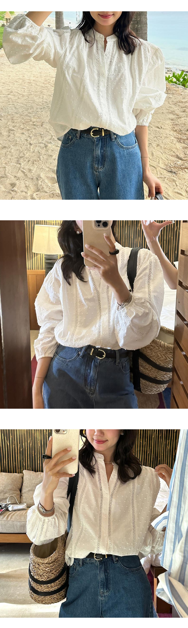 무료[ONN/[BL620]레이스 도트 블라우스 세로줄 펀칭 넥라인 블라우스 퍼프 볼륨 소매 여성스러운 루즈핏 셔츠