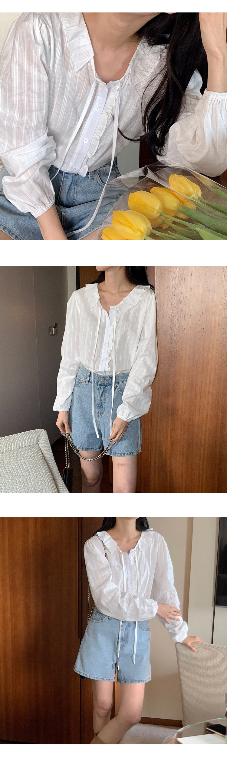 무료[ONN/[BL615]프릴 카라 스트링 블라우스 러블리  끈 리본 로맨틱 은은한 코튼 블라우스 캠퍼스룩 데이트룩