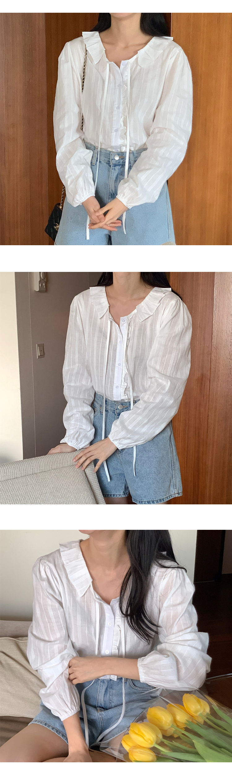 무료[ONN/[BL615]프릴 카라 스트링 블라우스 러블리  끈 리본 로맨틱 은은한 코튼 블라우스 캠퍼스룩 데이트룩