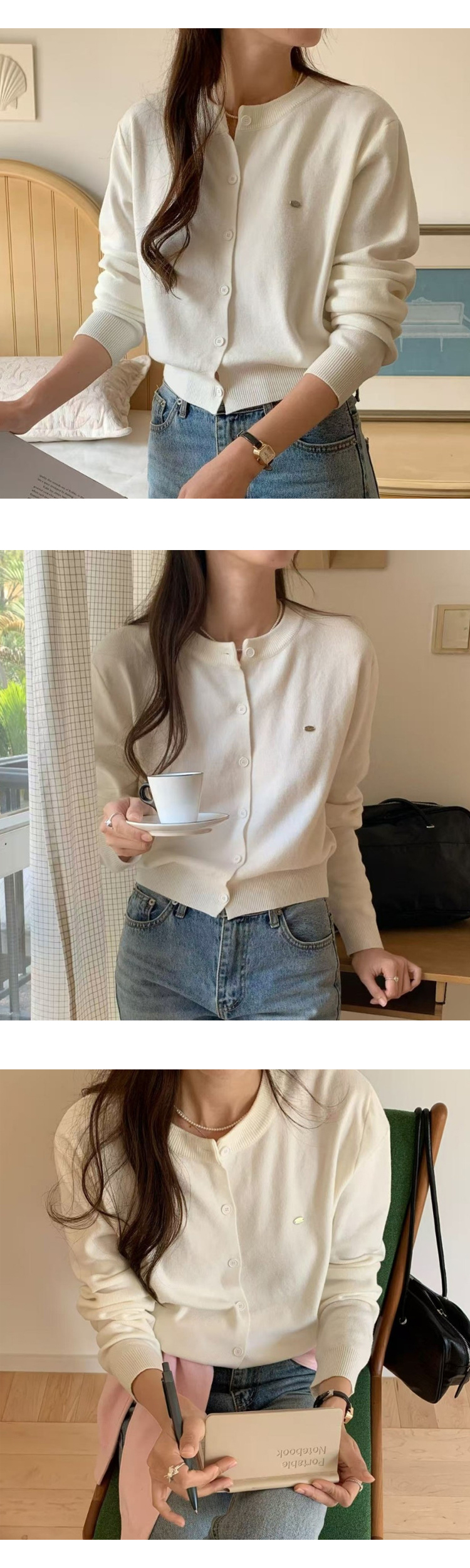 무료[ONN/[CD548]와펜 라운드넥 가디건 메탈 와펜 프론트 버튼 오픈 클로징 앞트임 시보리 밑단 숏 가디건