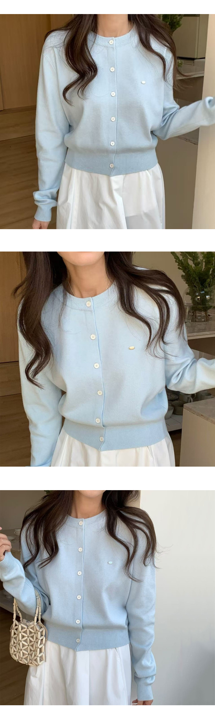 무료[ONN/[CD548]와펜 라운드넥 가디건 메탈 와펜 프론트 버튼 오픈 클로징 앞트임 시보리 밑단 숏 가디건