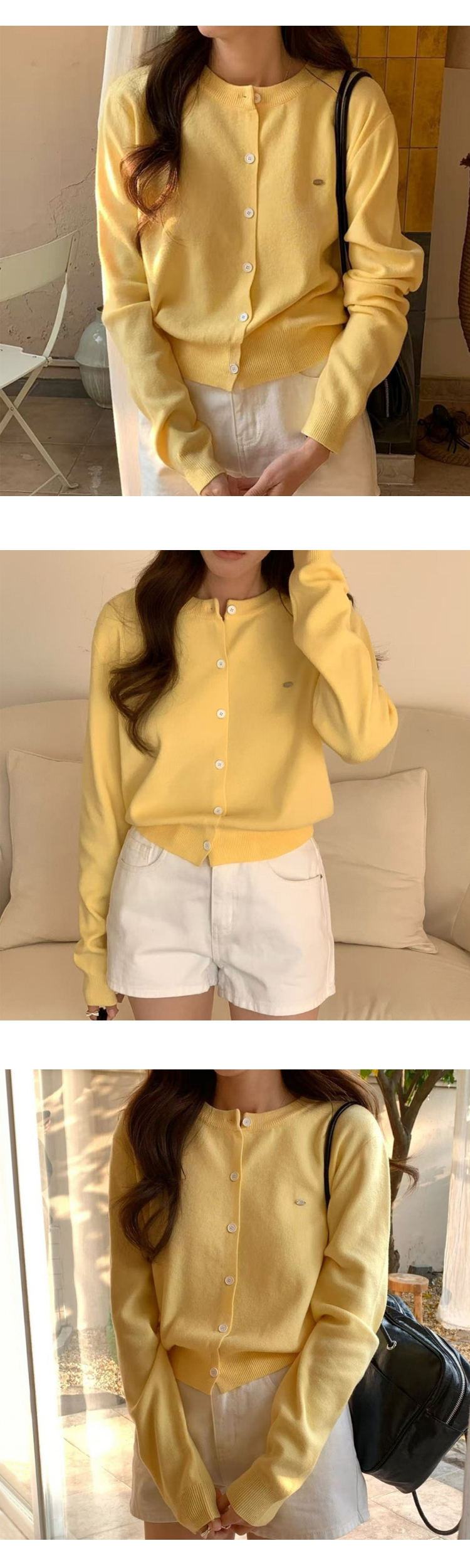 무료[ONN/[CD548]와펜 라운드넥 가디건 메탈 와펜 프론트 버튼 오픈 클로징 앞트임 시보리 밑단 숏 가디건