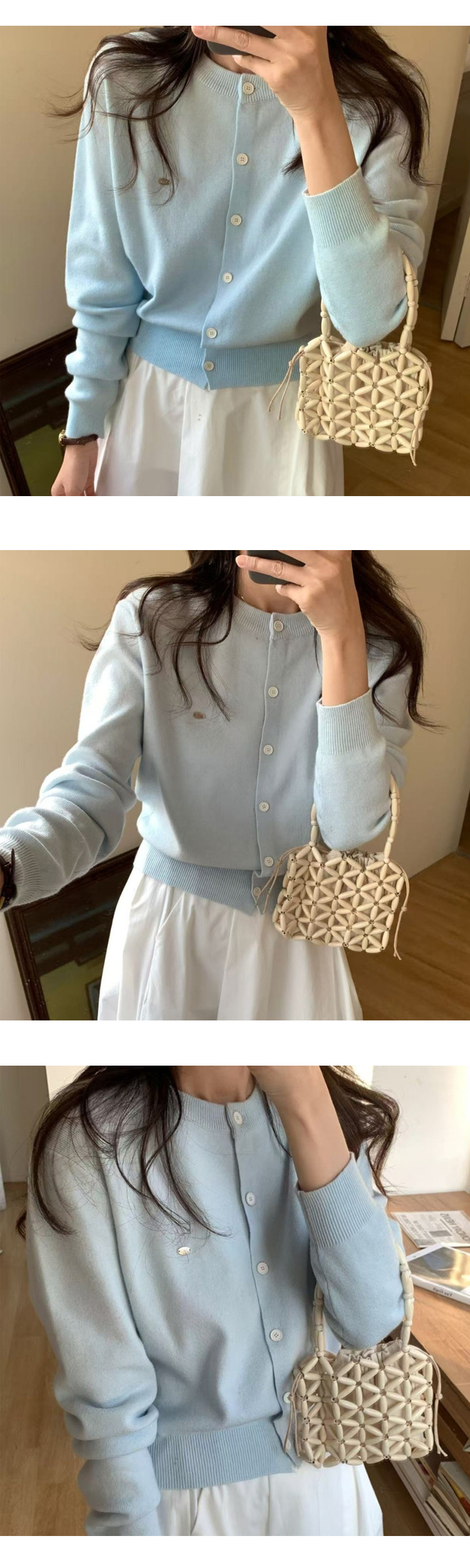 무료[ONN/[CD548]와펜 라운드넥 가디건 메탈 와펜 프론트 버튼 오픈 클로징 앞트임 시보리 밑단 숏 가디건