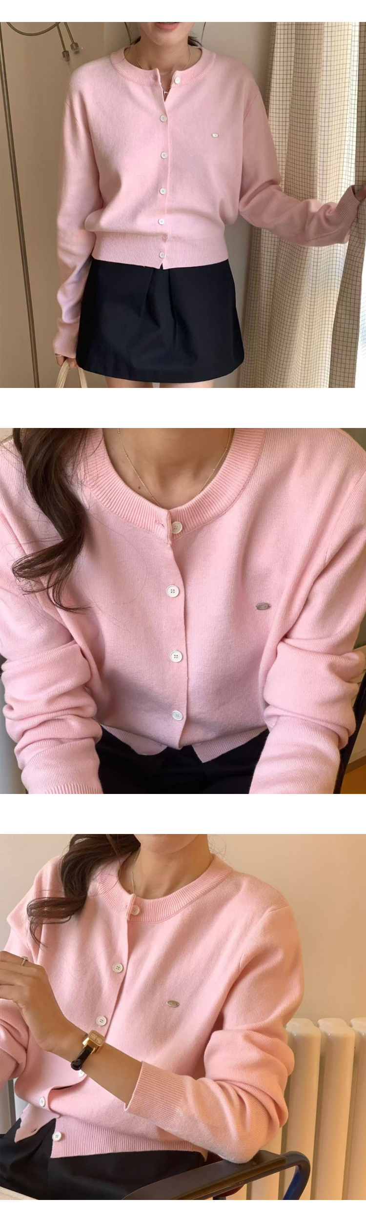 무료[ONN/[CD548]와펜 라운드넥 가디건 메탈 와펜 프론트 버튼 오픈 클로징 앞트임 시보리 밑단 숏 가디건