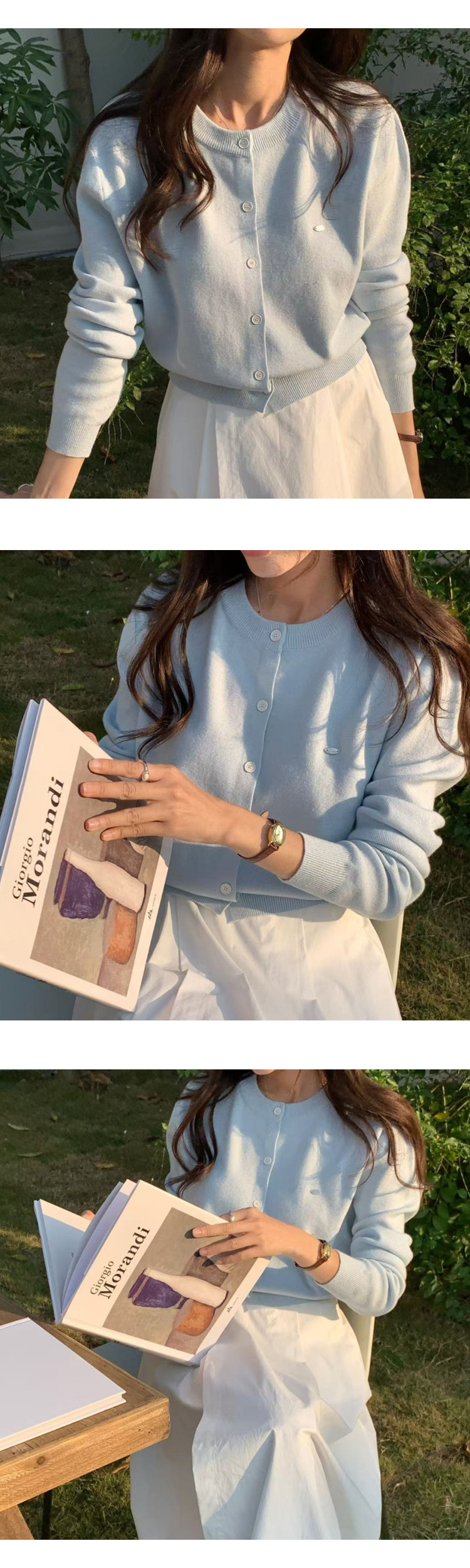 무료[ONN/[CD548]와펜 라운드넥 가디건 메탈 와펜 프론트 버튼 오픈 클로징 앞트임 시보리 밑단 숏 가디건