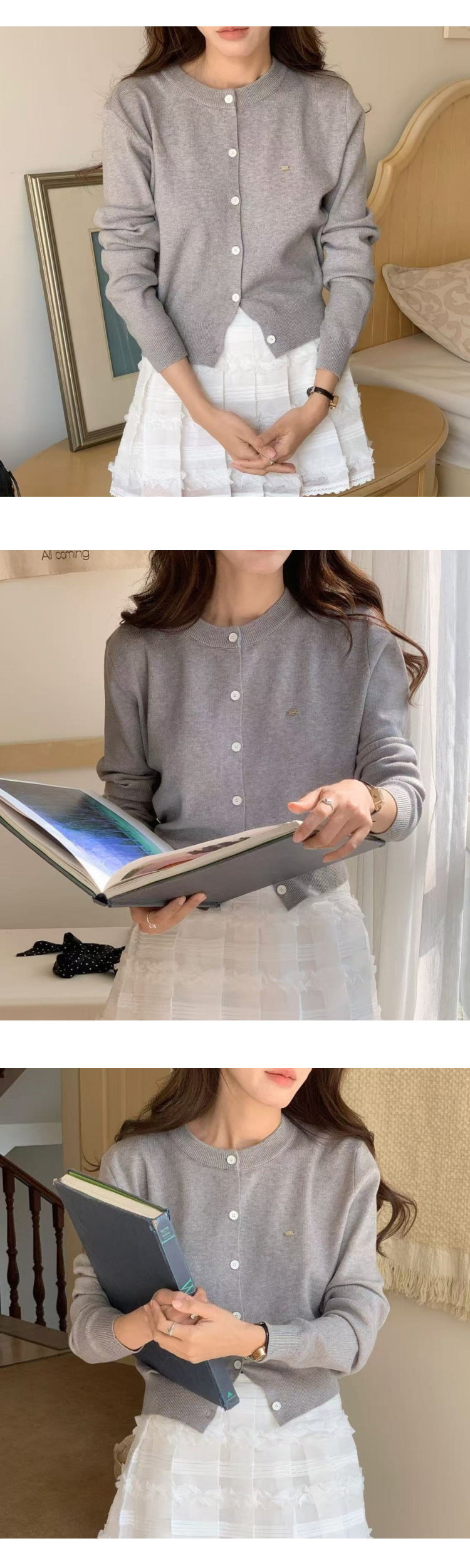 무료[ONN/[CD548]와펜 라운드넥 가디건 메탈 와펜 프론트 버튼 오픈 클로징 앞트임 시보리 밑단 숏 가디건