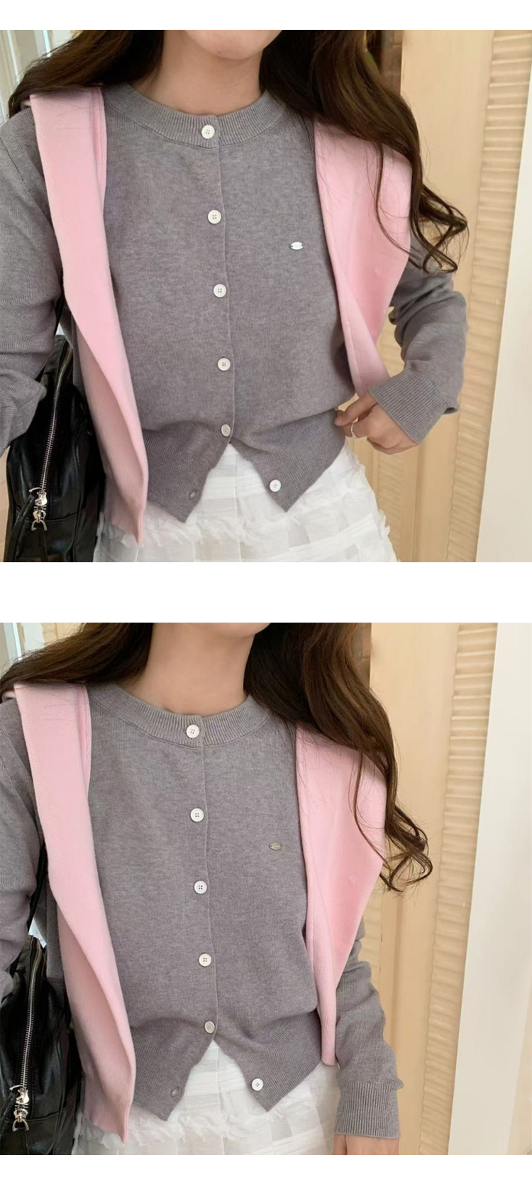 무료[ONN/[CD548]와펜 라운드넥 가디건 메탈 와펜 프론트 버튼 오픈 클로징 앞트임 시보리 밑단 숏 가디건