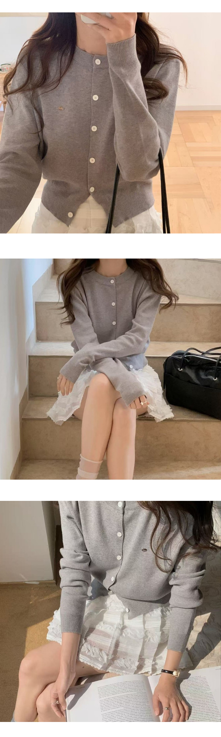 무료[ONN/[CD548]와펜 라운드넥 가디건 메탈 와펜 프론트 버튼 오픈 클로징 앞트임 시보리 밑단 숏 가디건