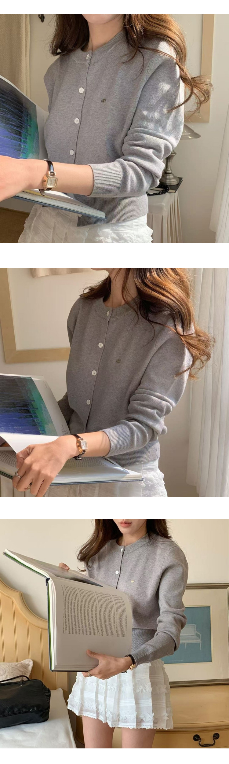 무료[ONN/[CD548]와펜 라운드넥 가디건 메탈 와펜 프론트 버튼 오픈 클로징 앞트임 시보리 밑단 숏 가디건