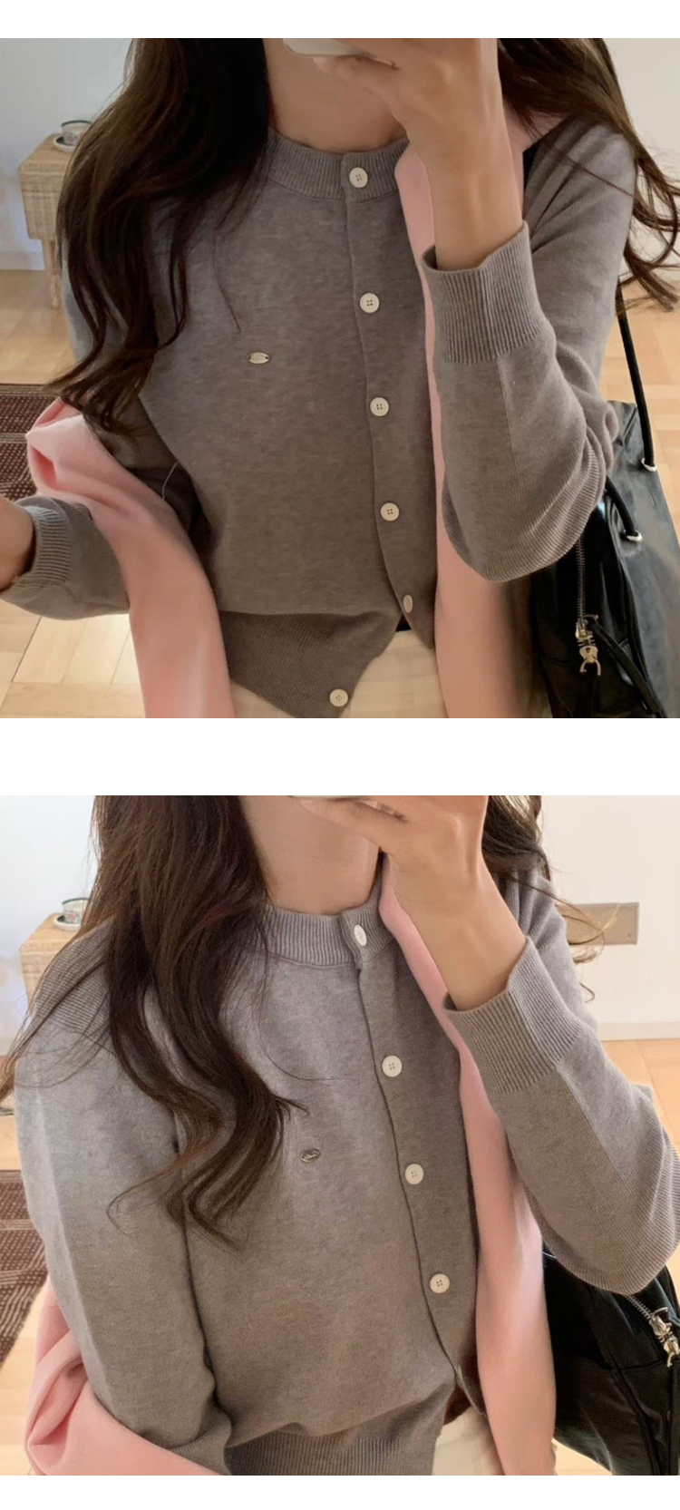 무료[ONN/[CD548]와펜 라운드넥 가디건 메탈 와펜 프론트 버튼 오픈 클로징 앞트임 시보리 밑단 숏 가디건