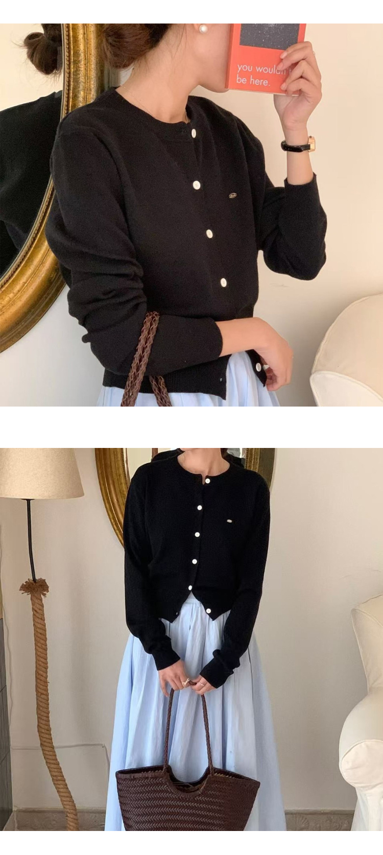 무료[ONN/[CD548]와펜 라운드넥 가디건 메탈 와펜 프론트 버튼 오픈 클로징 앞트임 시보리 밑단 숏 가디건