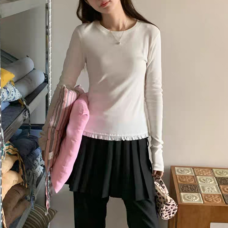 무료[ONN/[T333]프릴 골지 티셔츠 밑단 프릴 러블리 라운드넥 데일리 골지 셔츠 일상룩 
