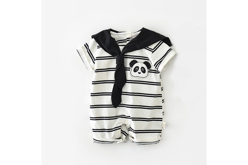 [DOO]46556235 팬더 스카프 줄무늬 우주복 곰돌이 세라복 남아 여아 브이넥 타이 스타일 아기 반팔 셔츠