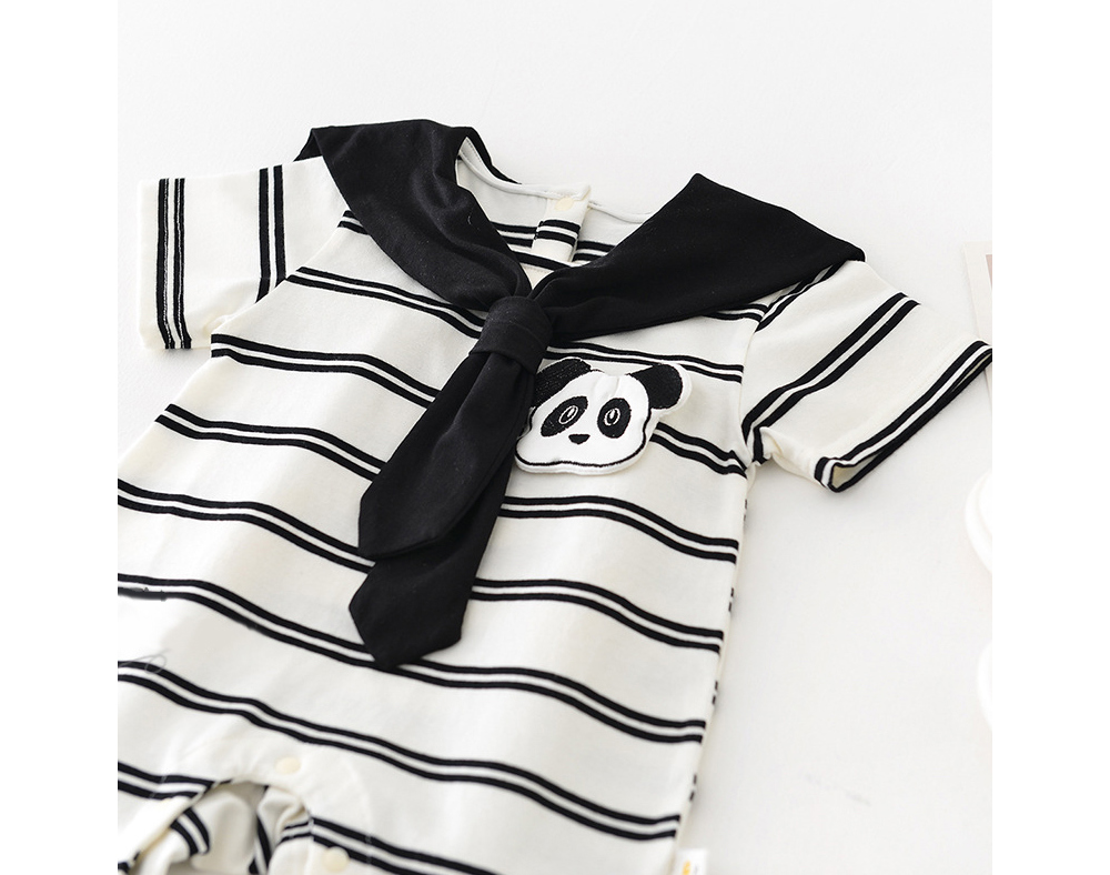 [DOO]46556235 팬더 스카프 줄무늬 우주복 곰돌이 세라복 남아 여아 브이넥 타이 스타일 아기 반팔 셔츠