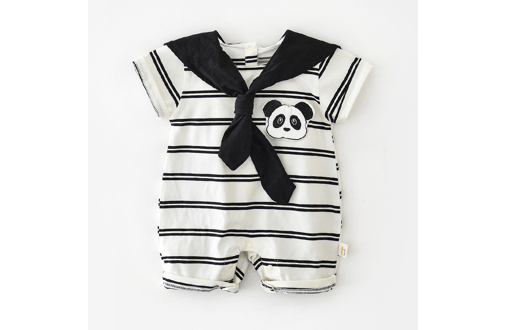 [DOO]46556235 팬더 스카프 줄무늬 우주복 곰돌이 세라복 남아 여아 브이넥 타이 스타일 아기 반팔 셔츠
