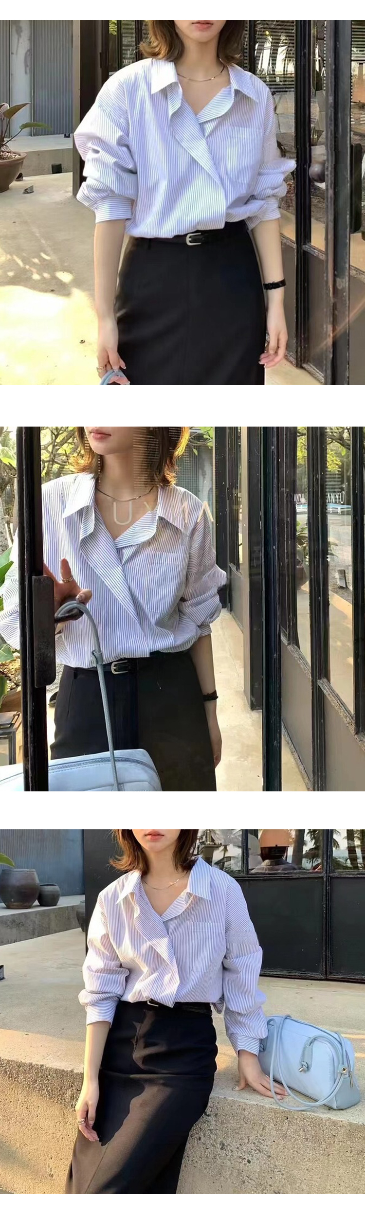 [ONN/ [ST149]스트라이프 루즈핏 포켓 셔츠 카라넥 클래식 프론트 버튼 데이리룩 데이트룩 오피스룩