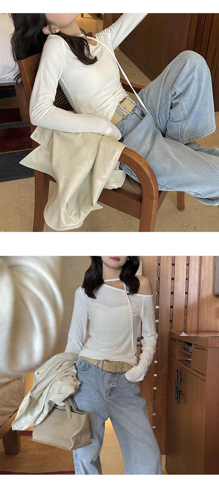 [ONN/[T335]원숄더 스트링 티셔츠 여리여리 넥 스트링 로맨틱한 오프숄더 티셔츠 데일리룩 데이트룩