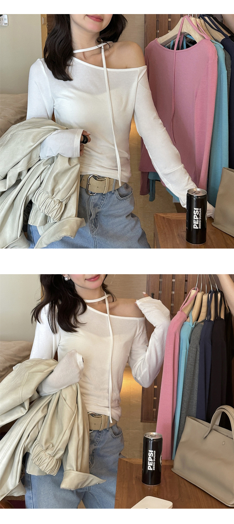 [ONN/[T335]원숄더 스트링 티셔츠 여리여리 넥 스트링 로맨틱한 오프숄더 티셔츠 데일리룩 데이트룩