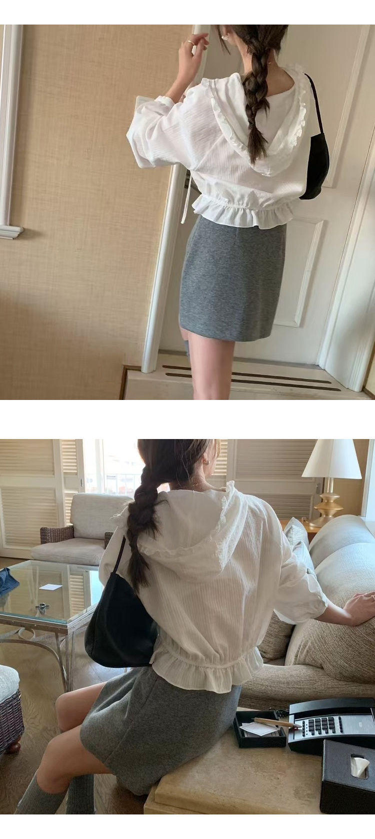 무료 [ONN/[BL621]후드 스트링 블라우스 펀칭 레이스 프릴 디테일 후드넥 스트링 끈 데이트룩 캠퍼스룩