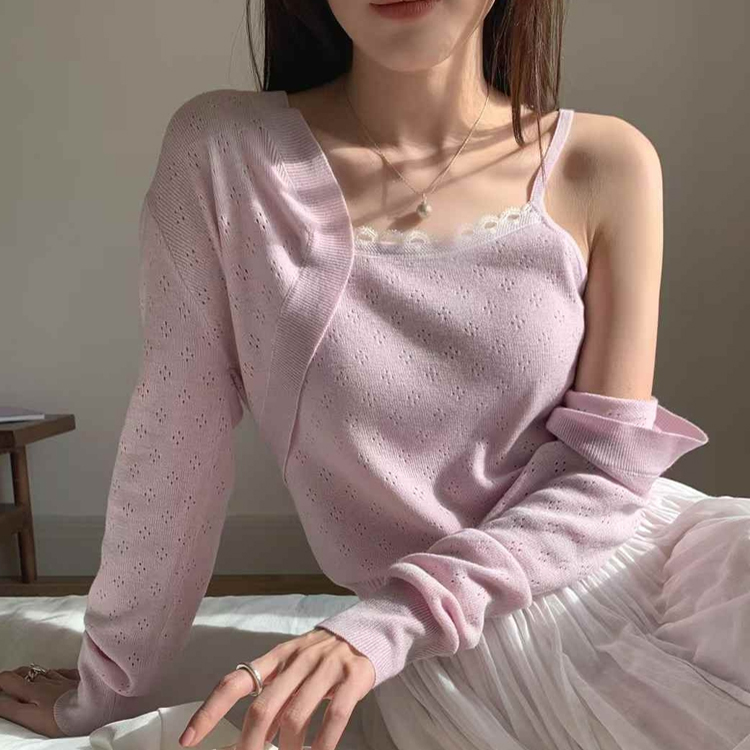무료 [ONN/ [CD552]레이스 나시 볼레로 가디건 세트 여성스런 여리여리 끈 나시 단추없는 오픈 크롭