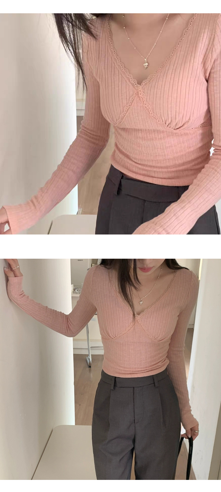 ONN/ [T299]레이스 골지 티셔츠 러블리룩 파인 브이넥 골지 셔츠 이너웨어 페미닌룩 일상룩 나들이룩