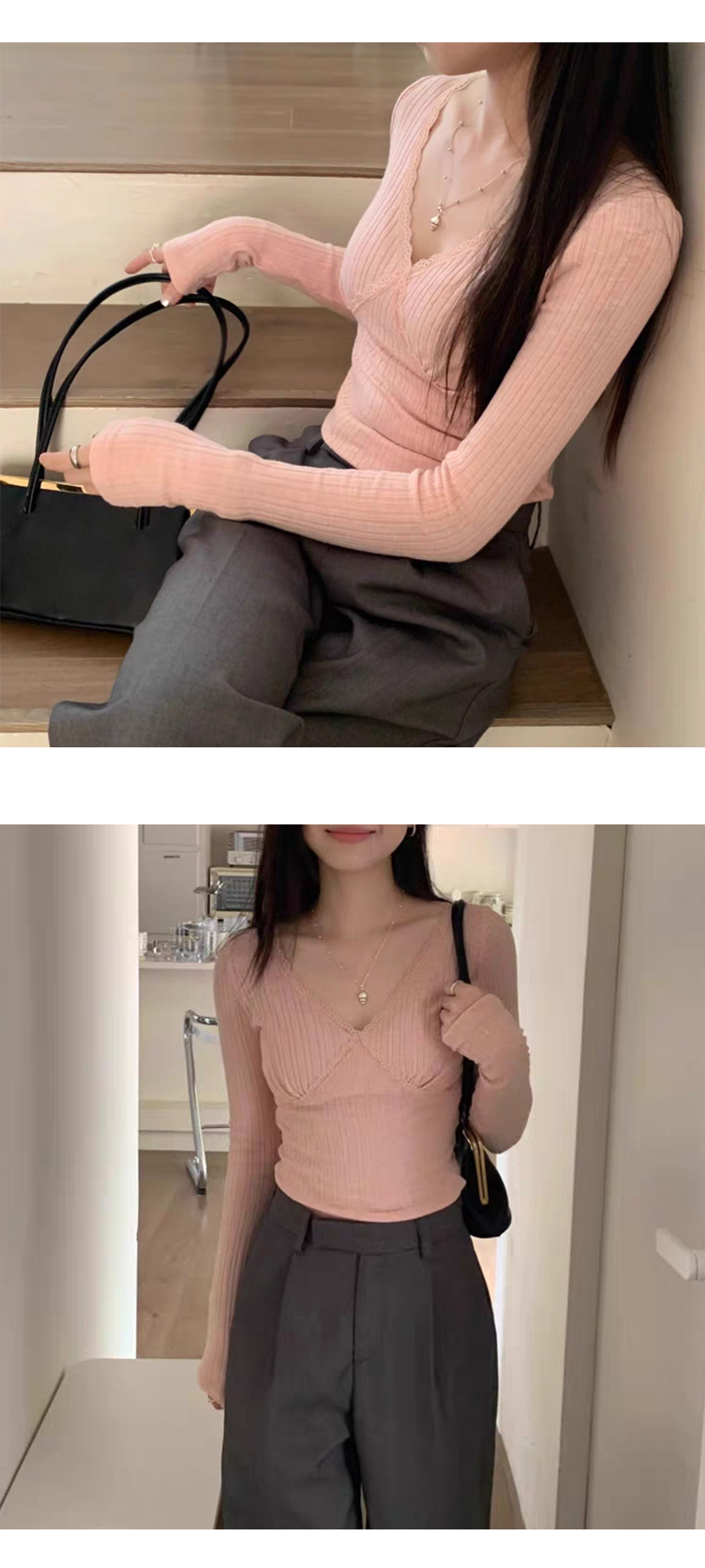 ONN/ [T299]레이스 골지 티셔츠 러블리룩 파인 브이넥 골지 셔츠 이너웨어 페미닌룩 일상룩 나들이룩