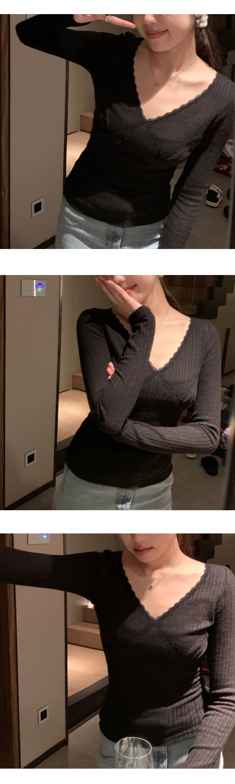 ONN/ [T299]레이스 골지 티셔츠 러블리룩 파인 브이넥 골지 셔츠 이너웨어 페미닌룩 일상룩 나들이룩