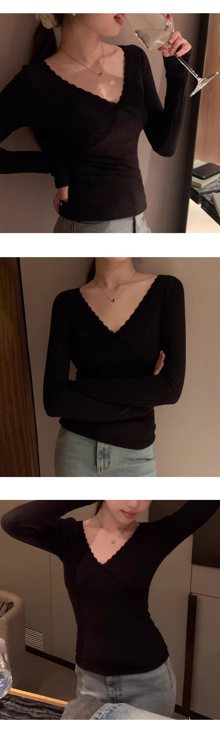 ONN/ [T299]레이스 골지 티셔츠 러블리룩 파인 브이넥 골지 셔츠 이너웨어 페미닌룩 일상룩 나들이룩