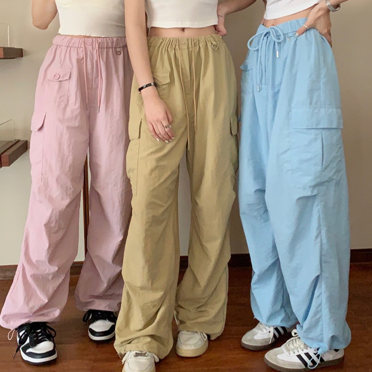 ONN/ [PT233]스트링 밴딩 와이드 카고 팬츠 바스락 소재 허리 스티링 와이드 바지 통 조절 캐주얼 에슬레저룩