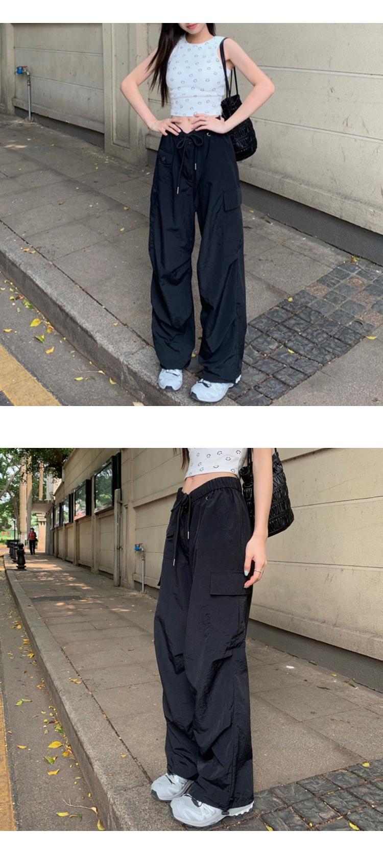 ONN/ [PT233]스트링 밴딩 와이드 카고 팬츠 바스락 소재 허리 스티링 와이드 바지 통 조절 캐주얼 에슬레저룩