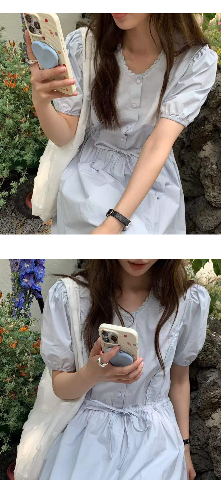 무료/ONN /[OPS1448]레이스 퍼프 반팔 롱 원피스 프론트 버튼 허리끈 스트링 플레어 스커트 레이어드 데이트룩