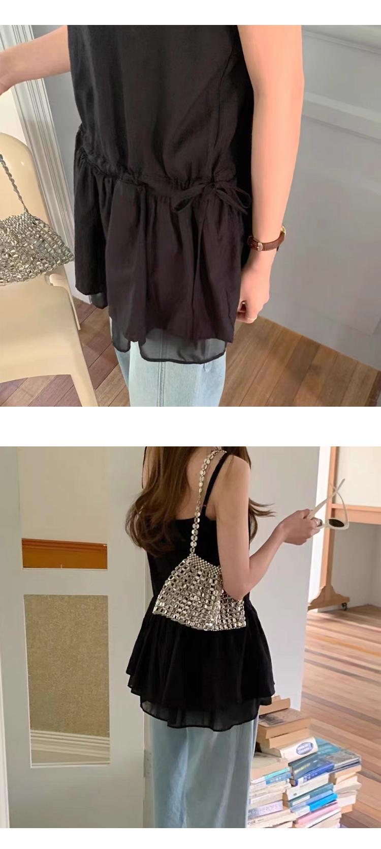 [ONN/ [BL625]캉캉 스트링 나시 블라우스 끈 나시 허리 스트링 셔링 디테일 플레어 밑단 나들이룩 일상룩