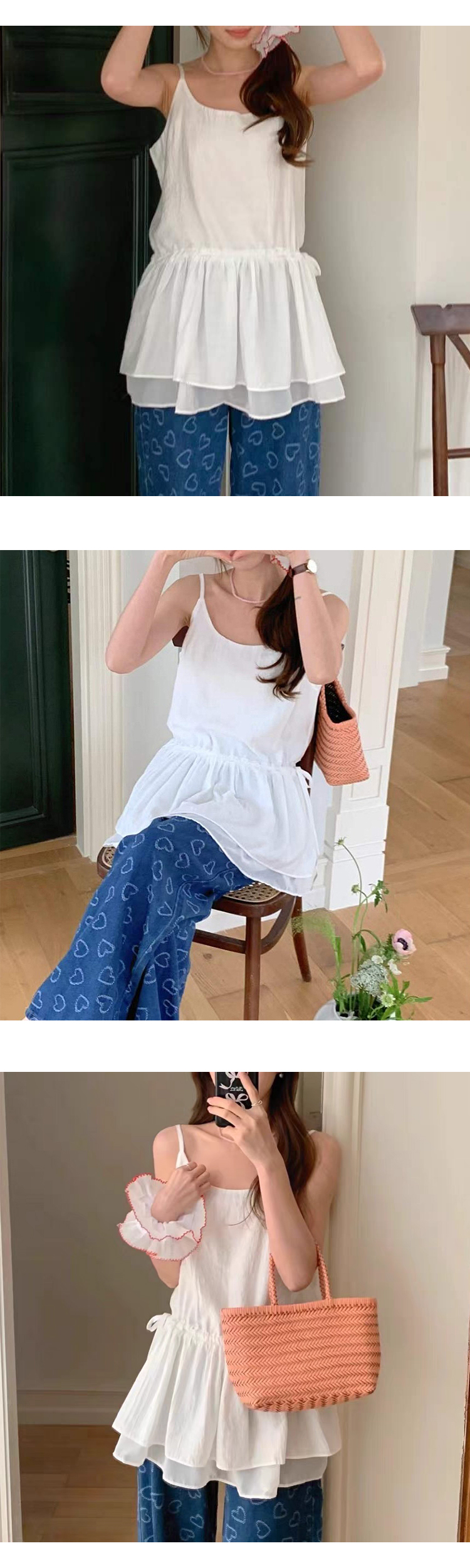 [ONN/ [BL625]캉캉 스트링 나시 블라우스 끈 나시 허리 스트링 셔링 디테일 플레어 밑단 나들이룩 일상룩