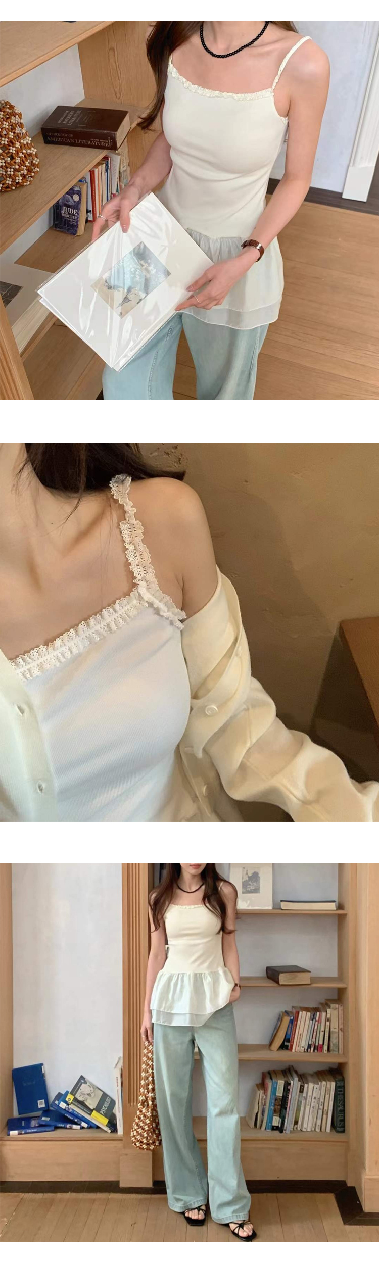 [ONN/[BL628]민소매 끈 캉캉 레이스 나시 블라우스 러블리 신축성 셔링 디테일 로맨틱 2단 플레어 밑단 레이어드