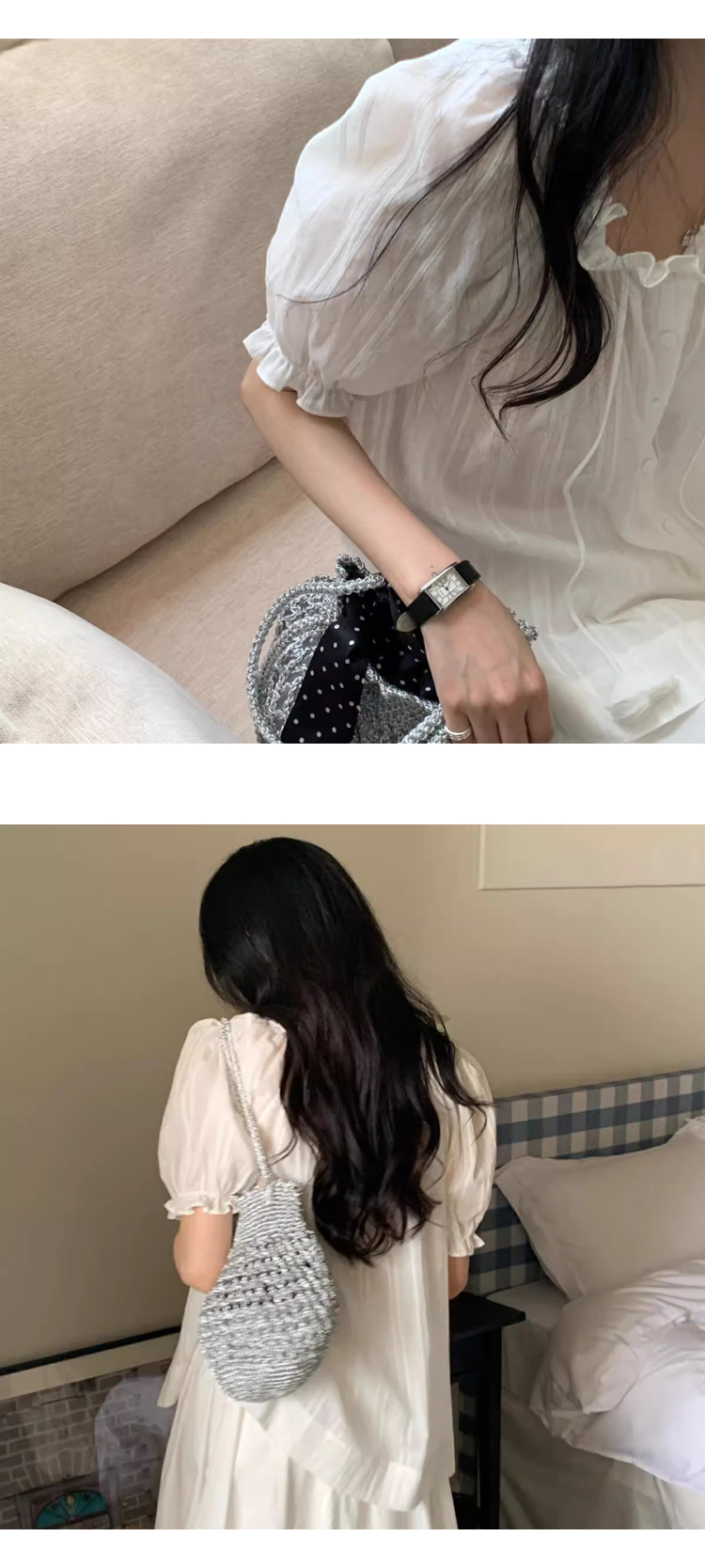 [ONN/[BL629]프릴 퍼프 반팔 블라우스 플라워 스트링 끈  러블리 셔링 로맨틱 여성스런 루즈핏 반팔 페미닌룩