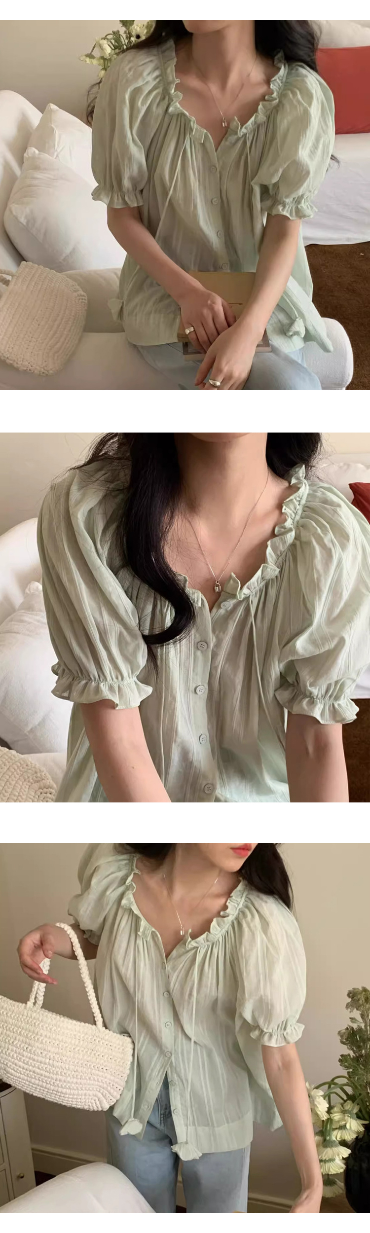 [ONN/[BL629]프릴 퍼프 반팔 블라우스 플라워 스트링 끈  러블리 셔링 로맨틱 여성스런 루즈핏 반팔 페미닌룩