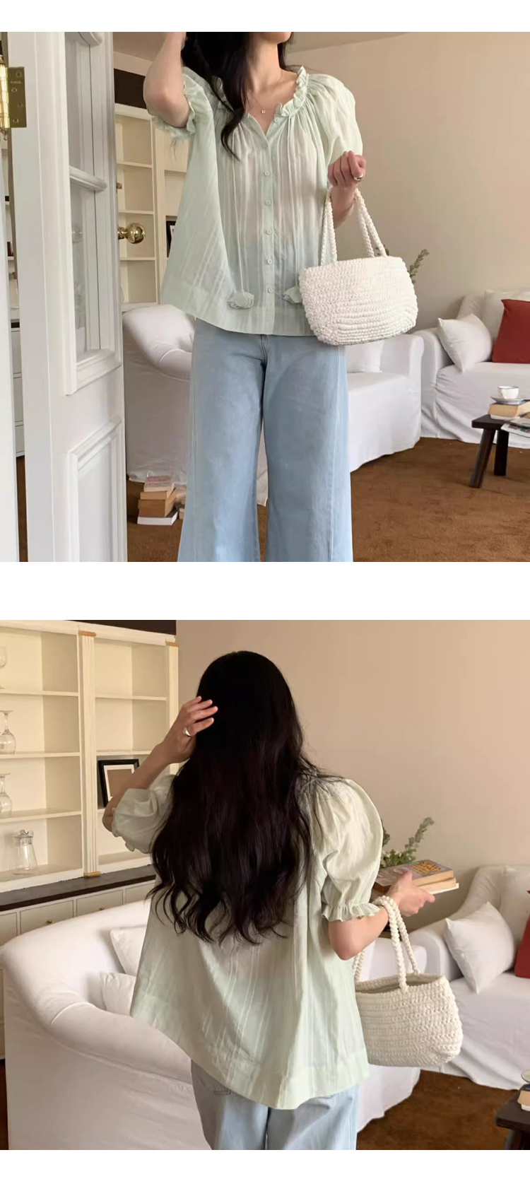 [ONN/[BL629]프릴 퍼프 반팔 블라우스 플라워 스트링 끈  러블리 셔링 로맨틱 여성스런 루즈핏 반팔 페미닌룩