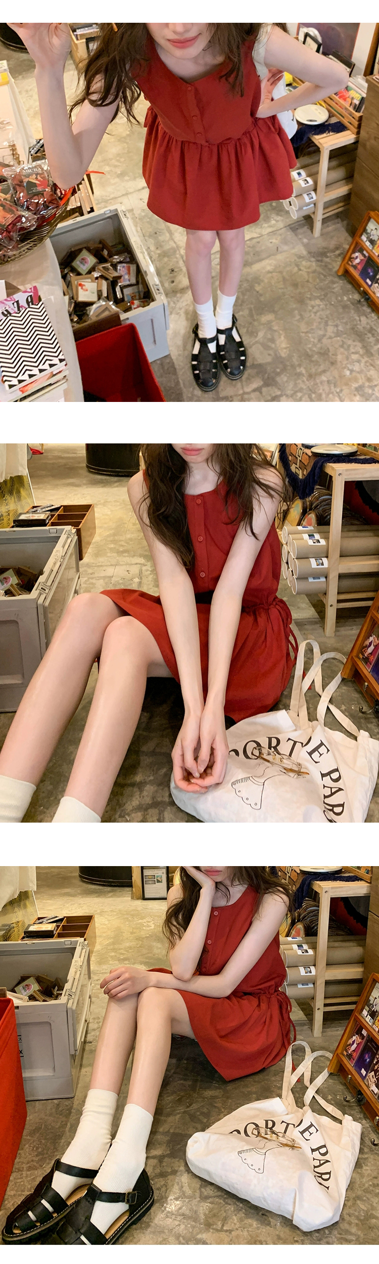 무료 ONN/ [OPS1456]여름 민소매 라운드넥 나시 스트링 미니 원피스 프론트 버튼 허리끈 스트링 미니 바캉스룩
