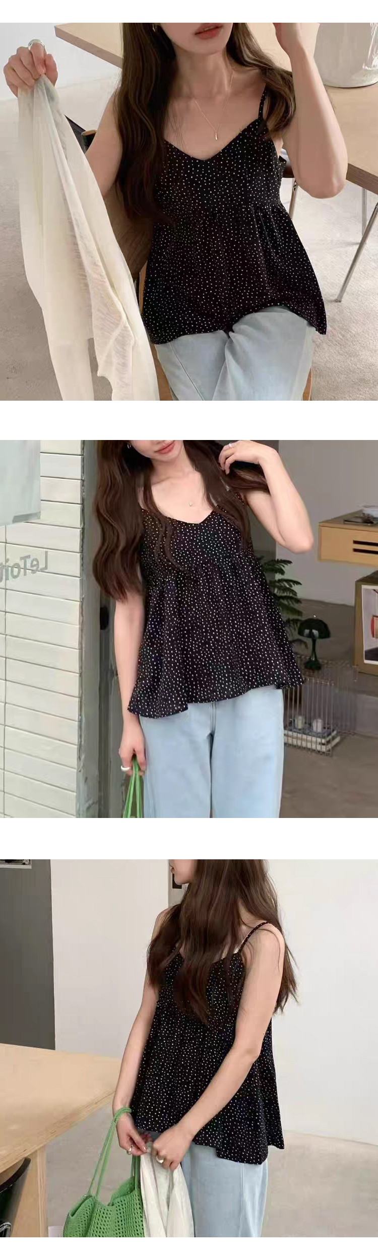 무료 ONN/ [BL632] 여름 브이넥 끈나시 머플러 도트 나시 블라우스 플레어 밑단 여성스런 페미닌 블라우스
