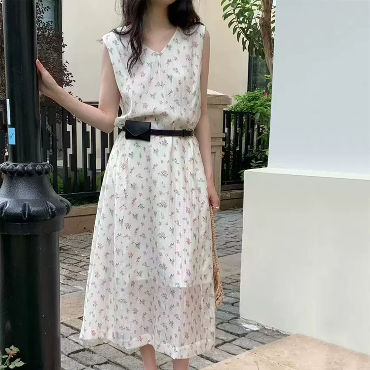 무료 ONN [OPS1457] 꽃 패턴 민소매 쉬폰 플라워 나시 벨트 롱 원피스 브이넥 여리여리 여성스러운 쉬폰 원피스