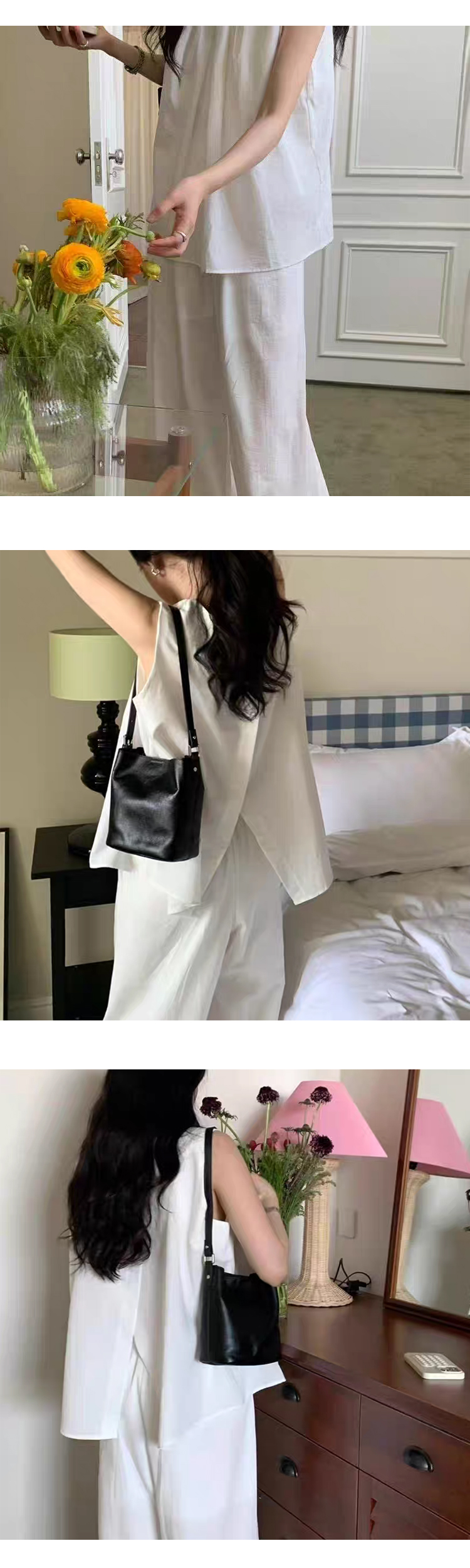 무료 ONN [SET332] 여성 여름 정장 린넨 민소매 블라우스 와이드 팬츠 투피스 라운드넥 허리 스트링 와이드 팬츠