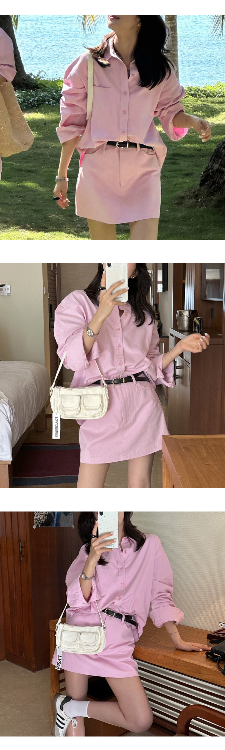 무료 ONN [SET331] 세트 제품 카라넥 포켓 루즈핏 미니스커트 루즈핏 셔츠 미니 스커트 투피스 무지 셔츠