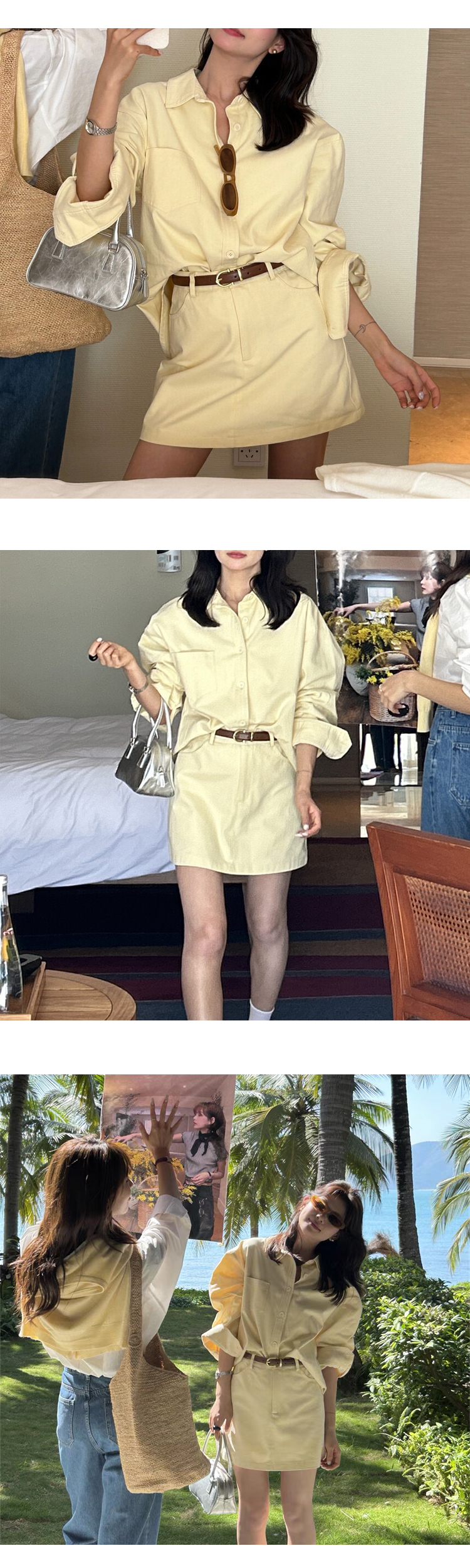 무료 ONN [SET331] 세트 제품 카라넥 포켓 루즈핏 미니스커트 루즈핏 셔츠 미니 스커트 투피스 무지 셔츠