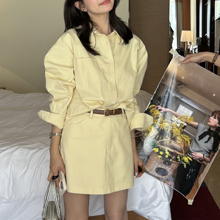 무료 ONN [SET331] 세트 제품 카라넥 포켓 루즈핏 미니스커트 루즈핏 셔츠 미니 스커트 투피스 무지 셔츠